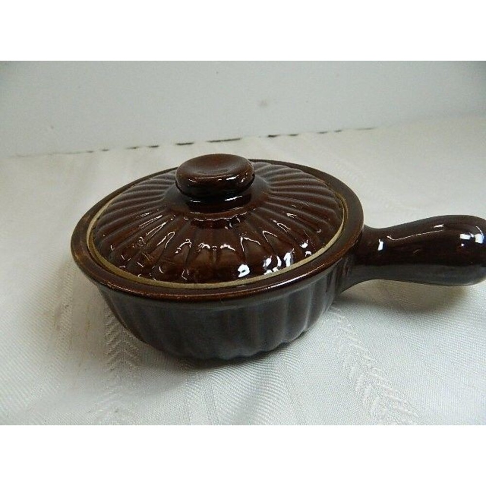 Vtg Brown Glazed Stoneware Individual Covered Casserole Dish w/handle USA MCM